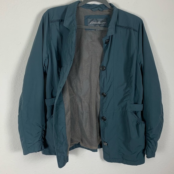 Eddie Bauer Travel Windbreaker Sz M women’s lined blue grey button-up jacket - Picture 9 of 10